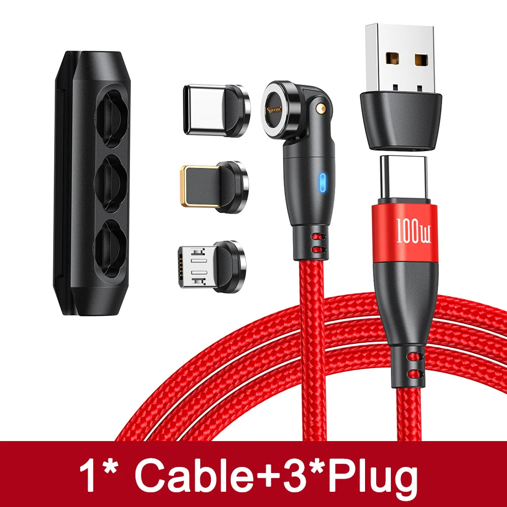 540 Degree Magnetic Fast Charging USB Type C Cable with 5A PD100W Power and 3 Tips