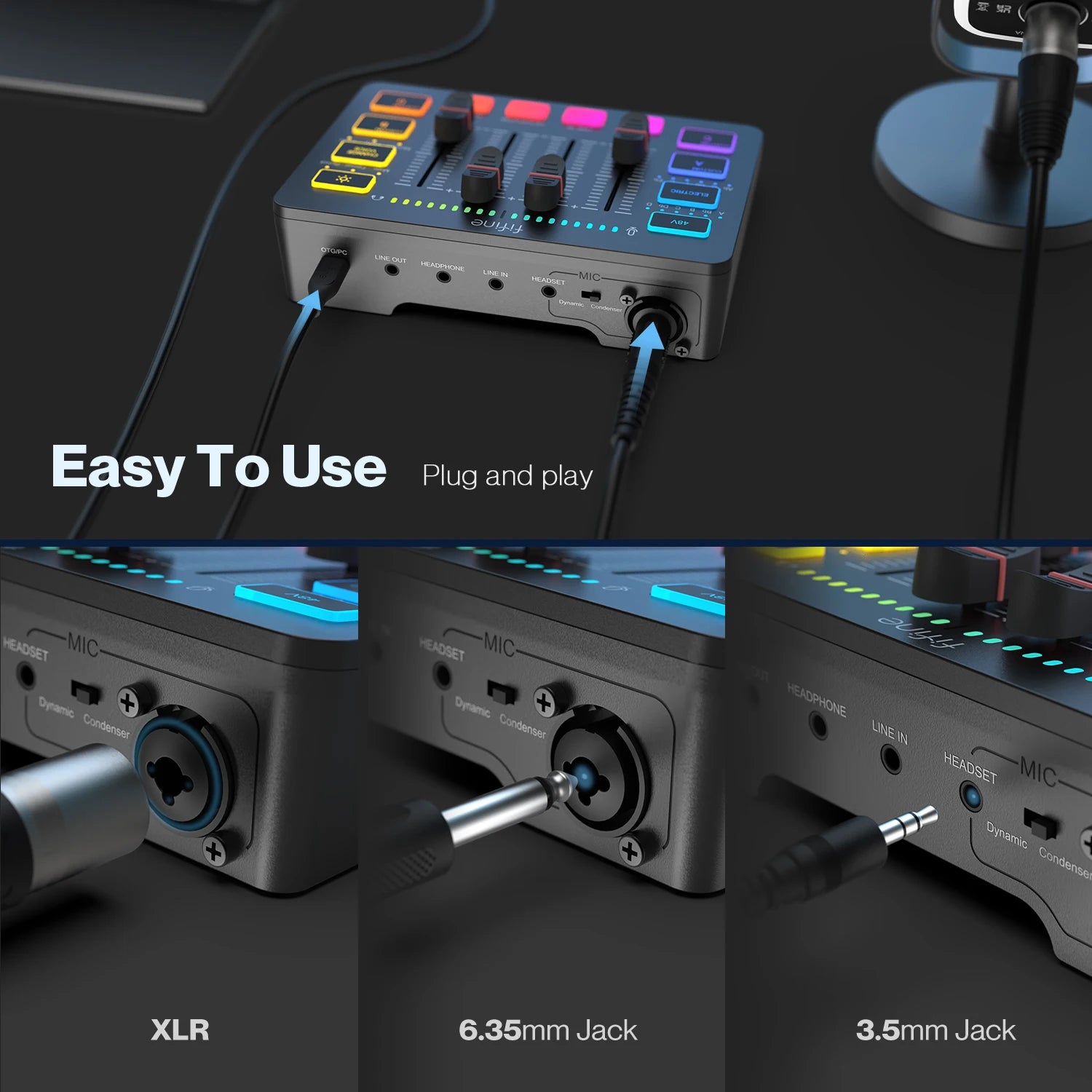 USB Gaming Audio Mixer with XLR Interface 48V Phantom Power RGB Sound Card for Streaming Podcasting