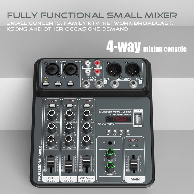 4-Channel USB Audio Mixer with Bluetooth & 48V Phantom Power for Studio, DJ & Karaoke