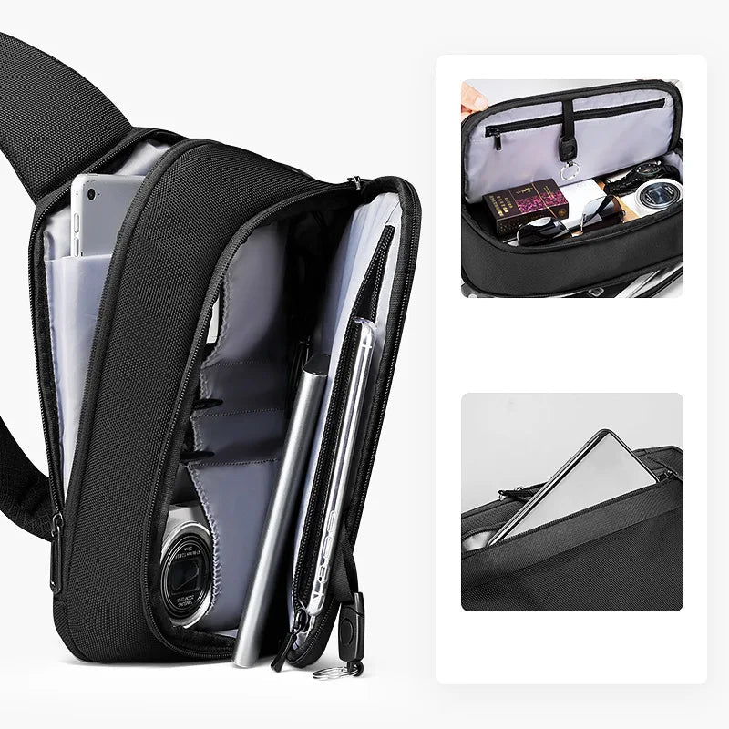 Black Minimalist Sling Messenger Bag for Men Water Resistant Lightweight Chest and Shoulder Design