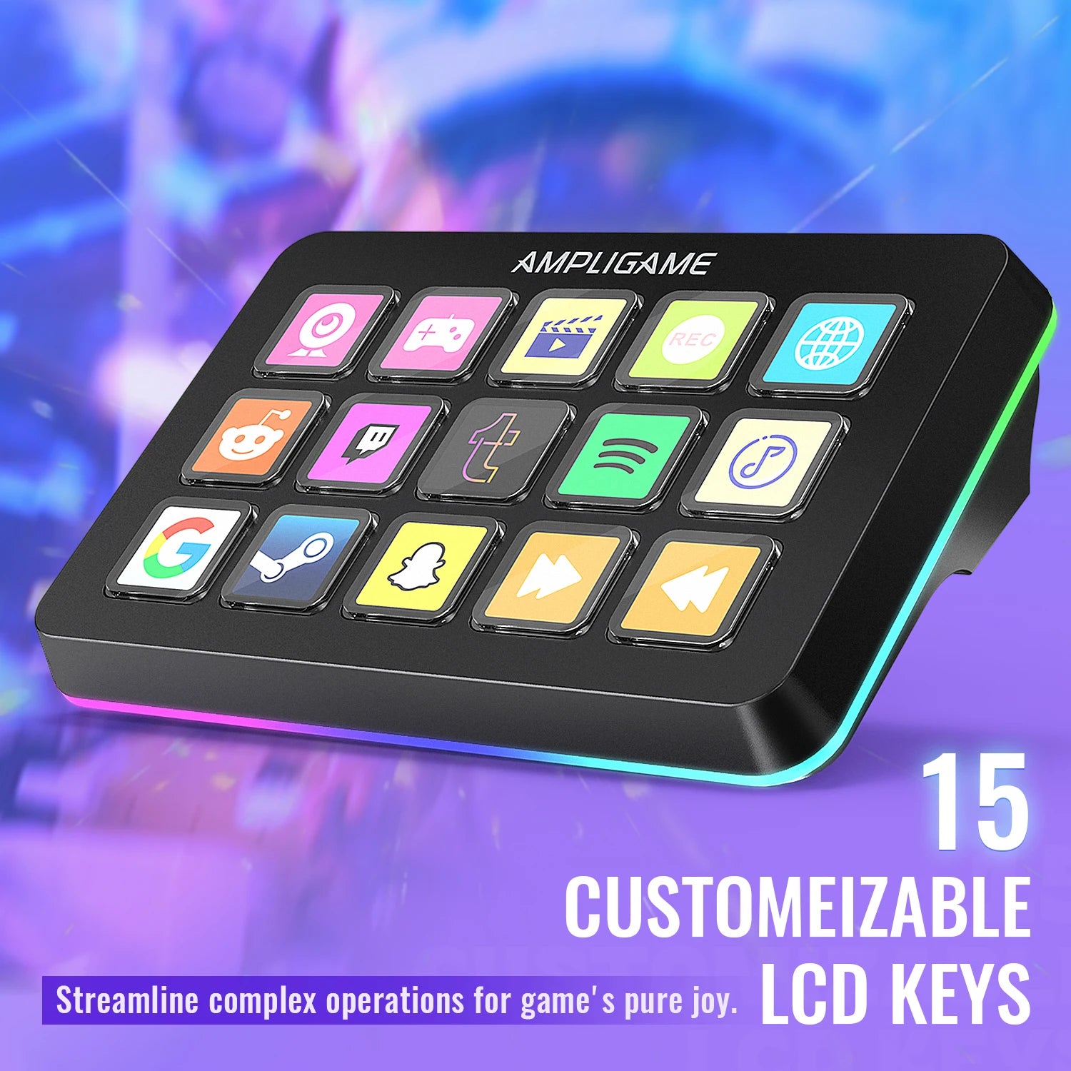 15 Key Mini Macro Keyboard with LCD Buttons RGB Lighting Custom Shortcuts for Streaming Editing