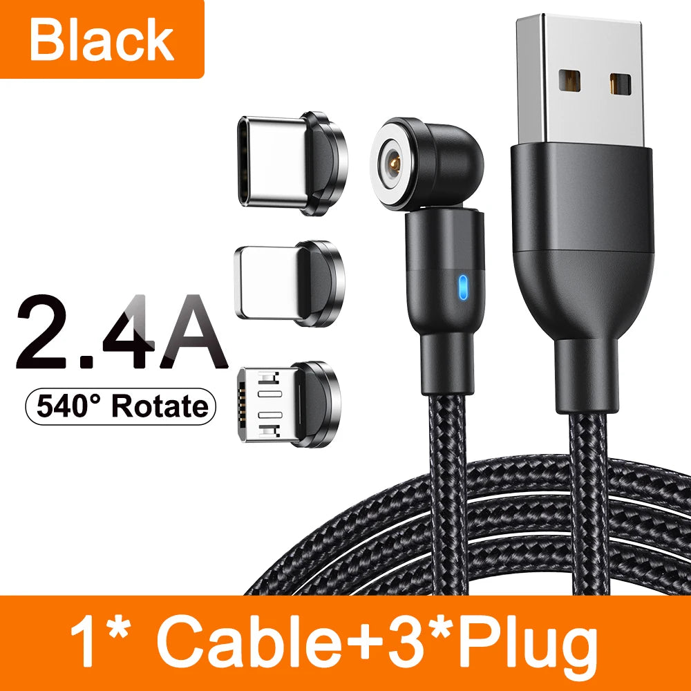 Magnetic 3 in 1 Fast Charging Cable with 540 Degree Rotate for Type C Micro USB and iPhone Devices