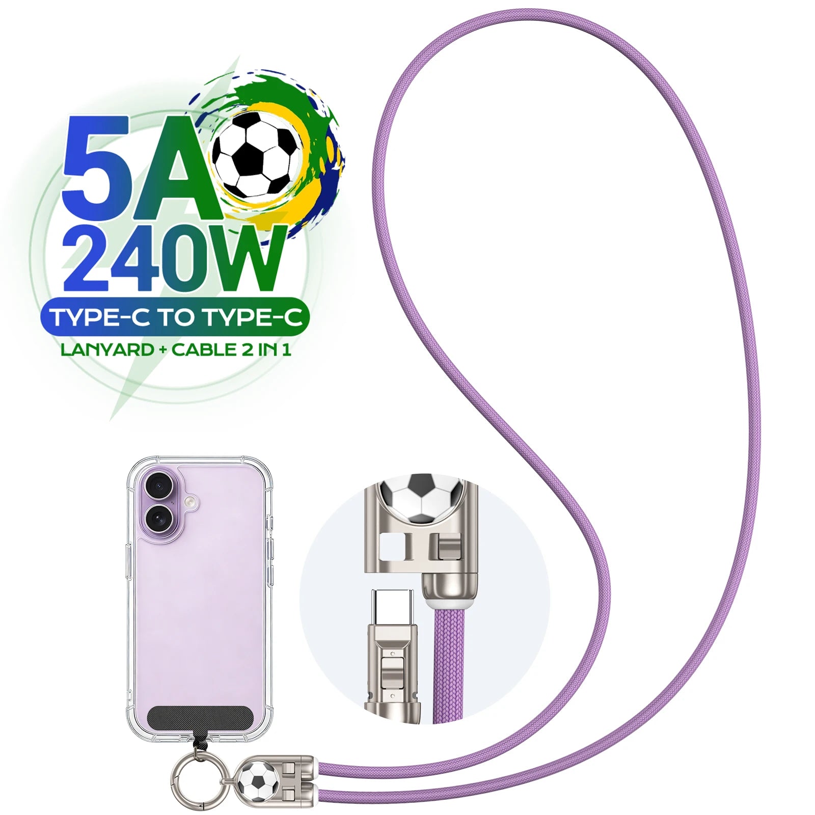 2 in 1 240W USB C Fast Charging Data Cable with Lanyard for iPhone Samsung and Huawei Devices