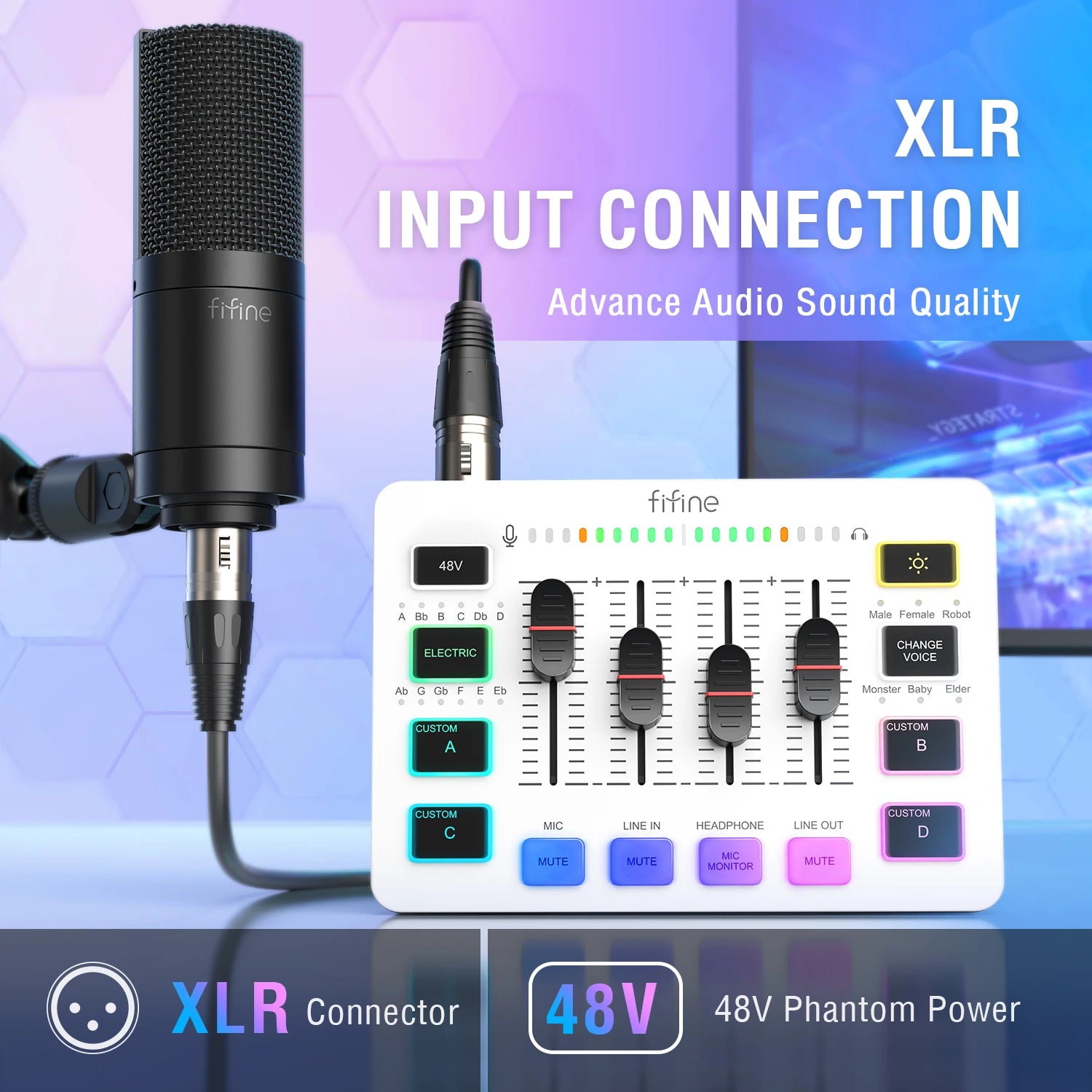 USB Gaming Audio Mixer with 4 Channels XLR Interface 48V Phantom Power RGB for Streaming Podcasting