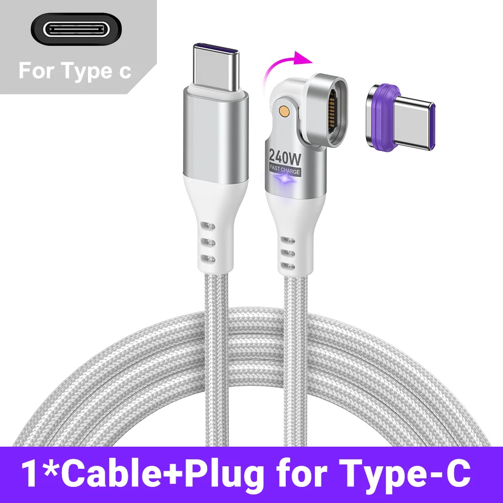 Magnetic 240W Fast Charging USB Cable with 180 Degree Rotation for iPhone and Type C Devices