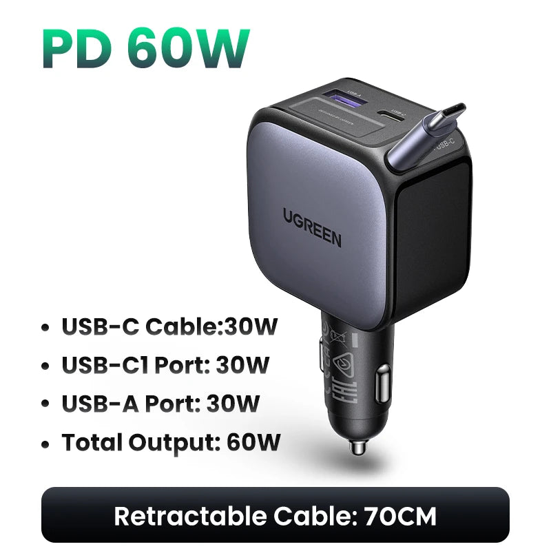 145/90/60W Car Charger with 3 USB-C and USB-A Ports PD QC4.0 Fast Charging Retractable Cable