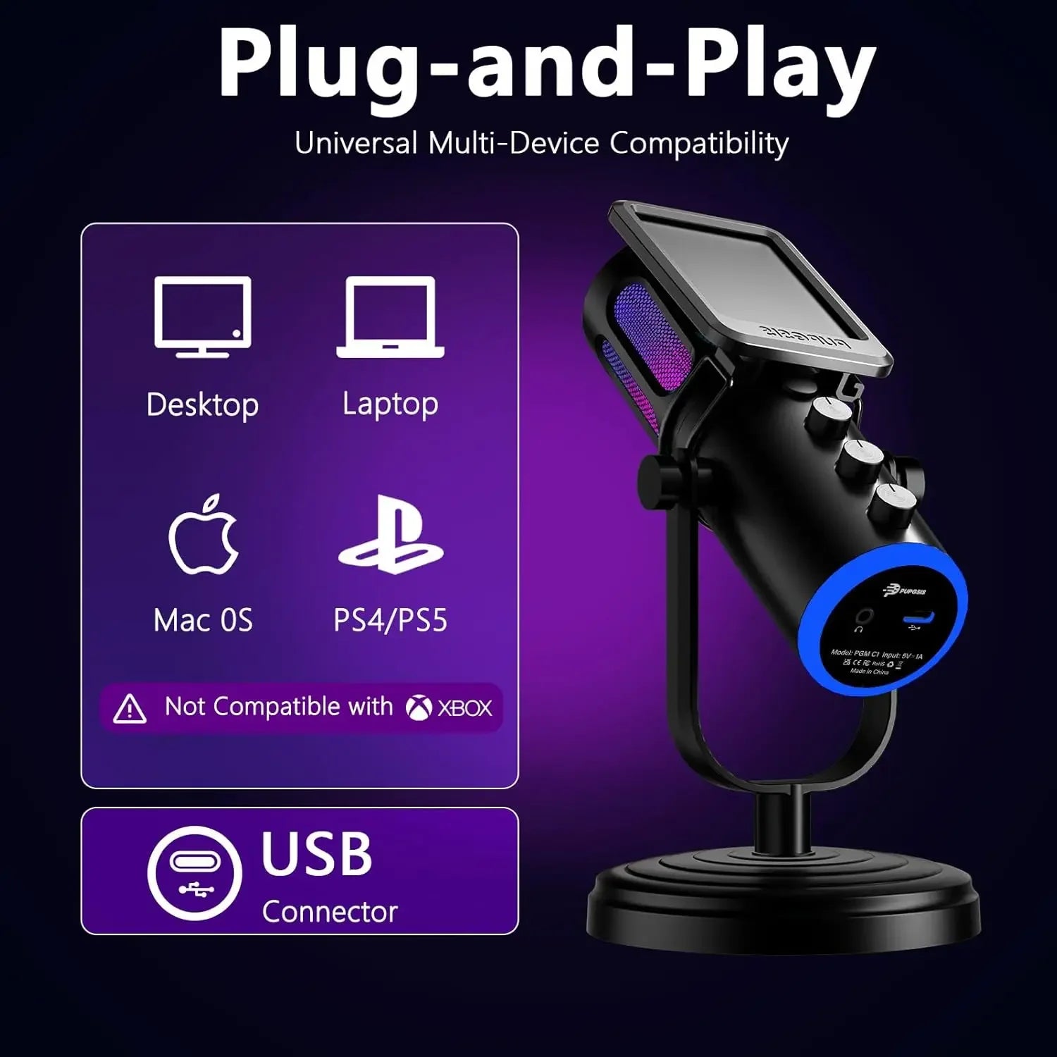 USB Condenser Gaming Microphone with Noise Cancellation, RGB Lighting and Mute Control