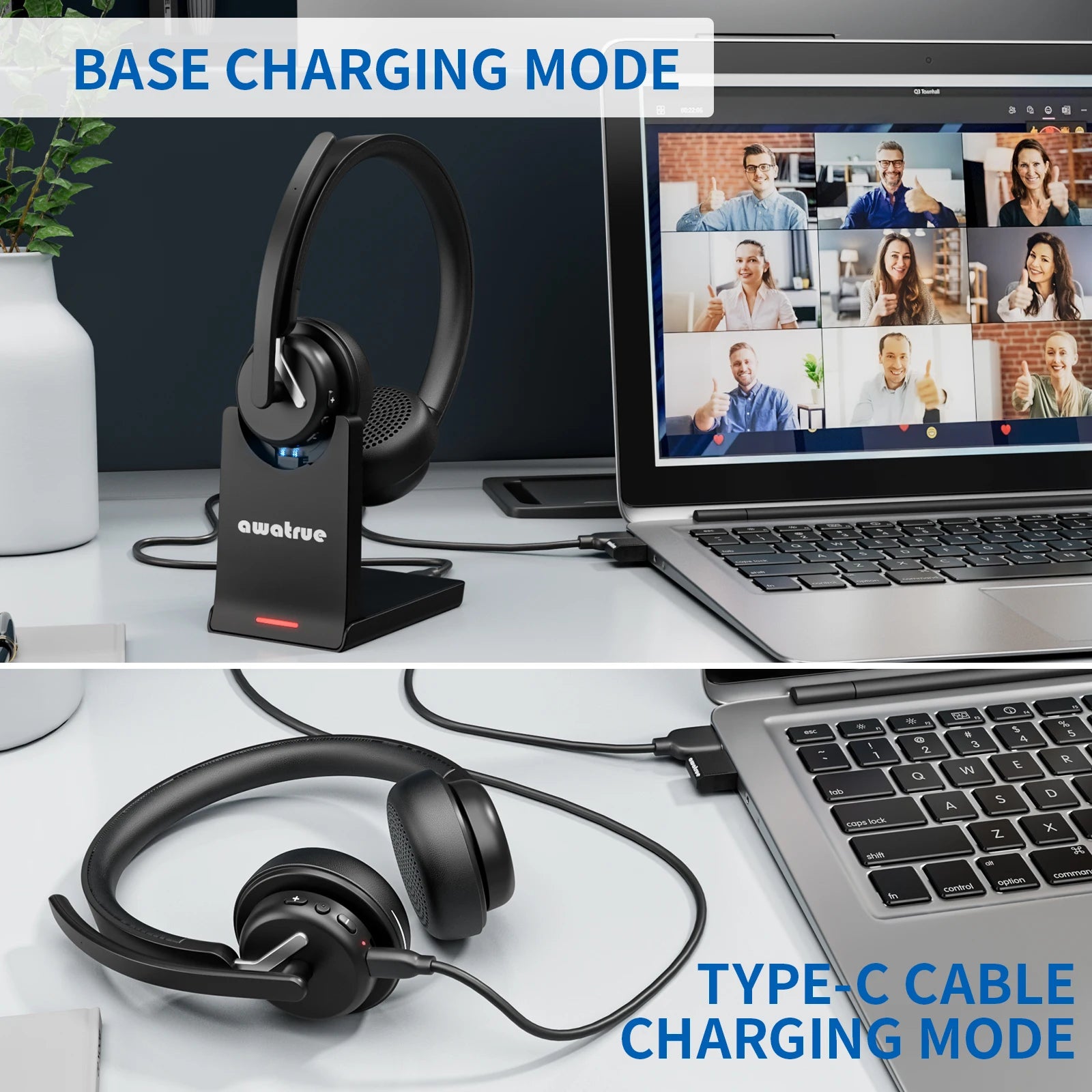 Wireless Bluetooth Headset with AI Noise Cancelling Microphone and Charging Base