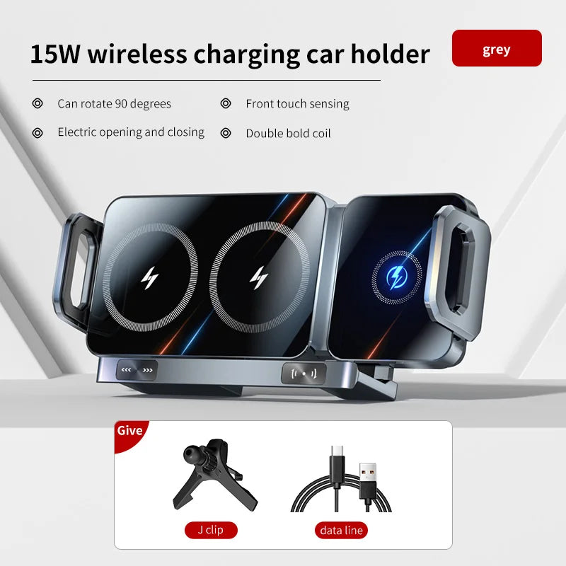 Dual Coil Foldable Wireless Car Charger and Phone Mount with Fast Charging Compatibility