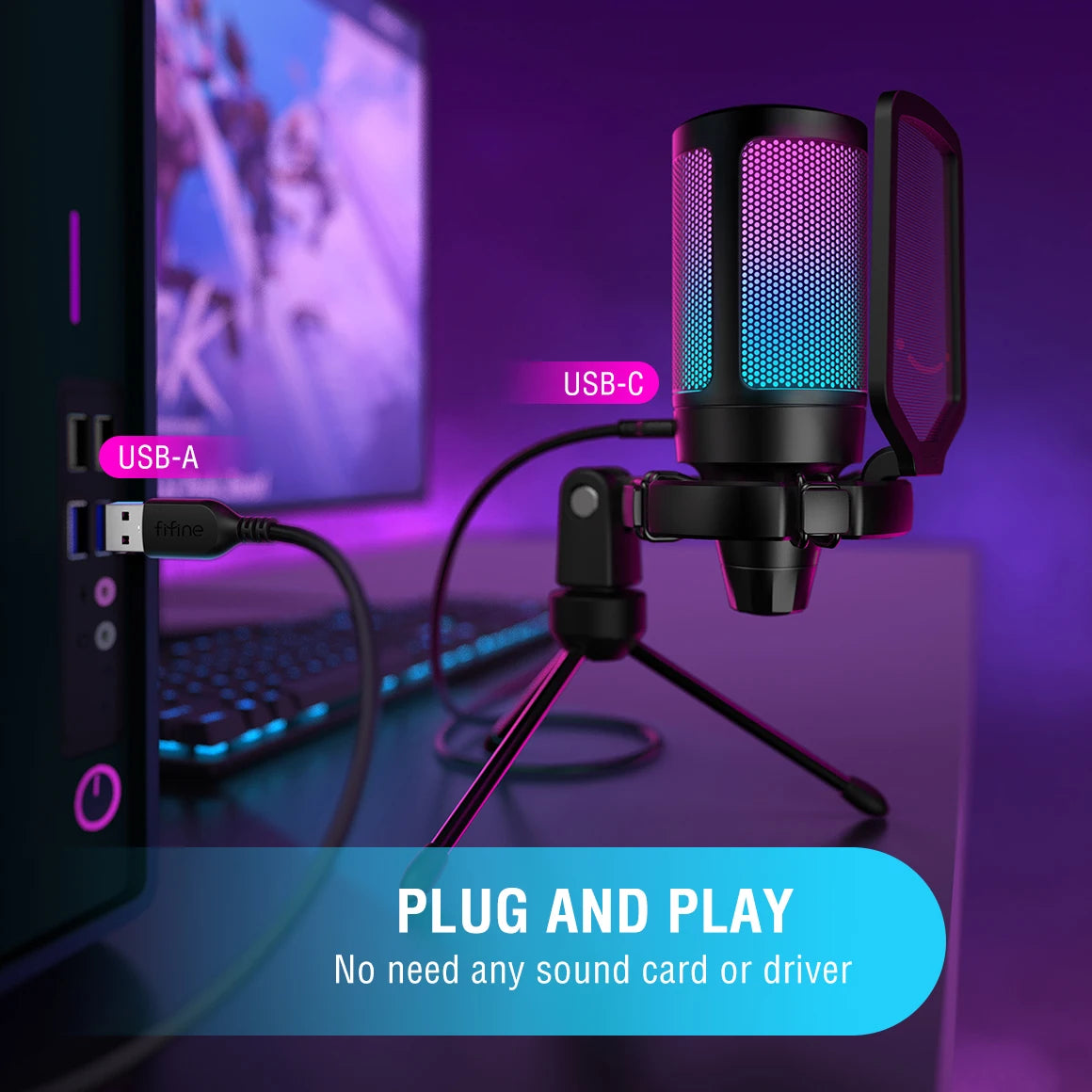 USB Condenser Gaming Microphone with RGB Tap Mute, Pop Filter and Shock Mount for PC Mac Streaming