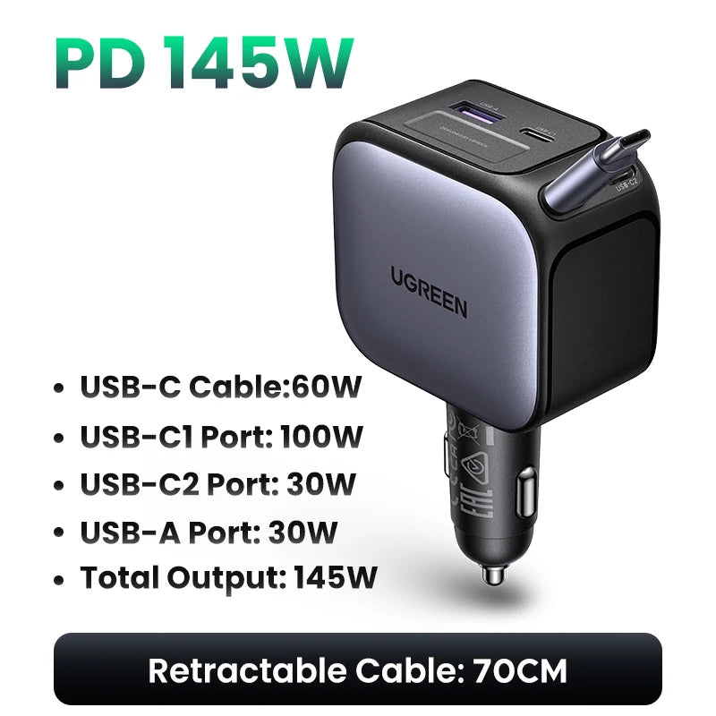 145/90/60W Car Charger with 3 USB-C and USB-A Ports PD QC4.0 Fast Charging Retractable Cable