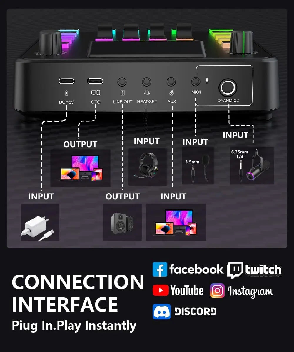 Professional Gaming Audio Mixer and Interface with Preamplifier and Bluetooth for Streaming