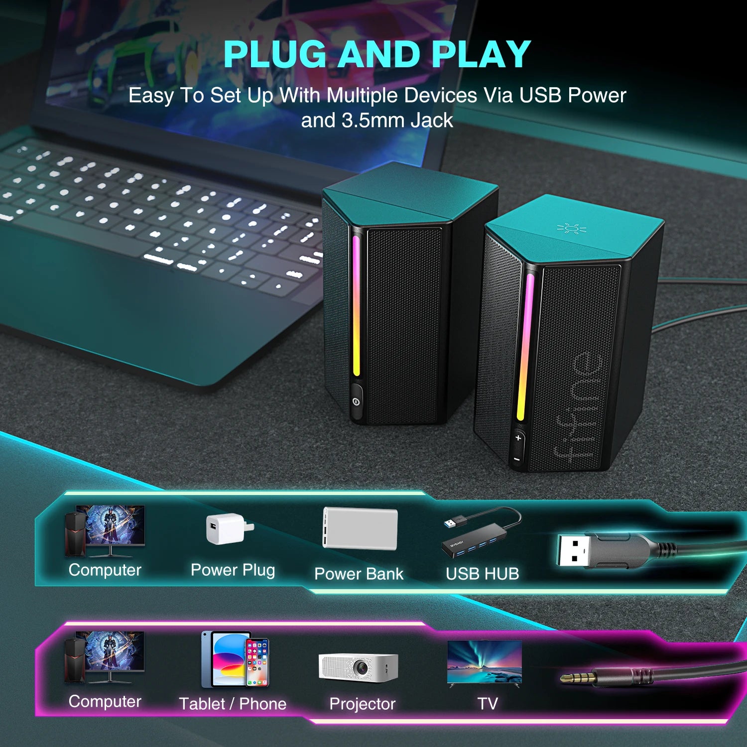 RGB USB Gaming Speakers with Stereo Surround Sound Volume Control for PC Laptop Console TV