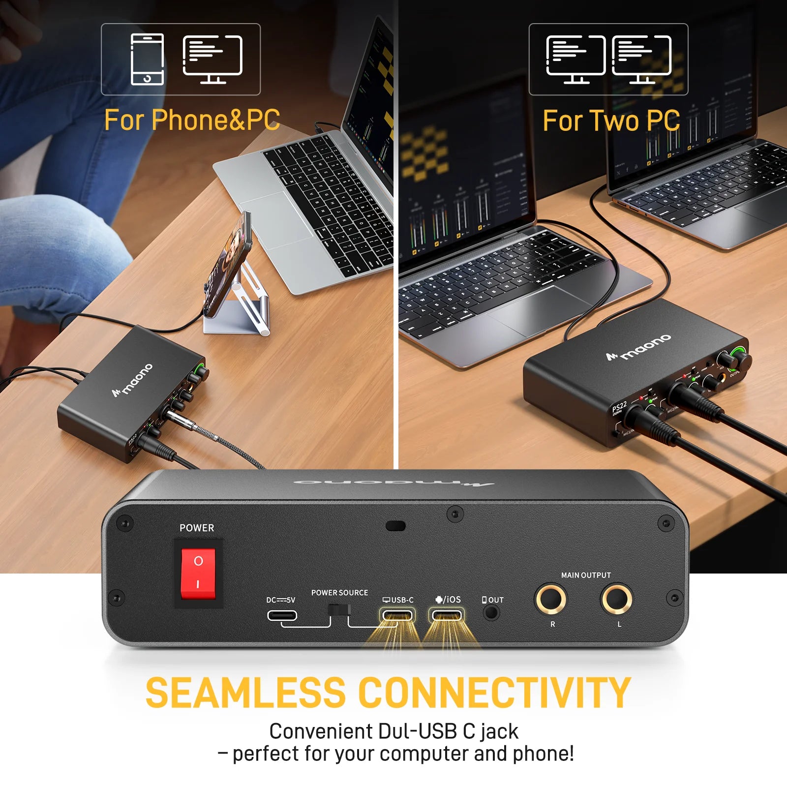 USB Audio Interface with Dual USB Connectivity 24bit 192kHz 60dB Preamp for PC and Phone Recording