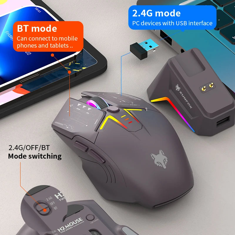 Wireless Bluetooth RGB Mouse with Magnetic Charging and Dual Mode for Gaming and Work