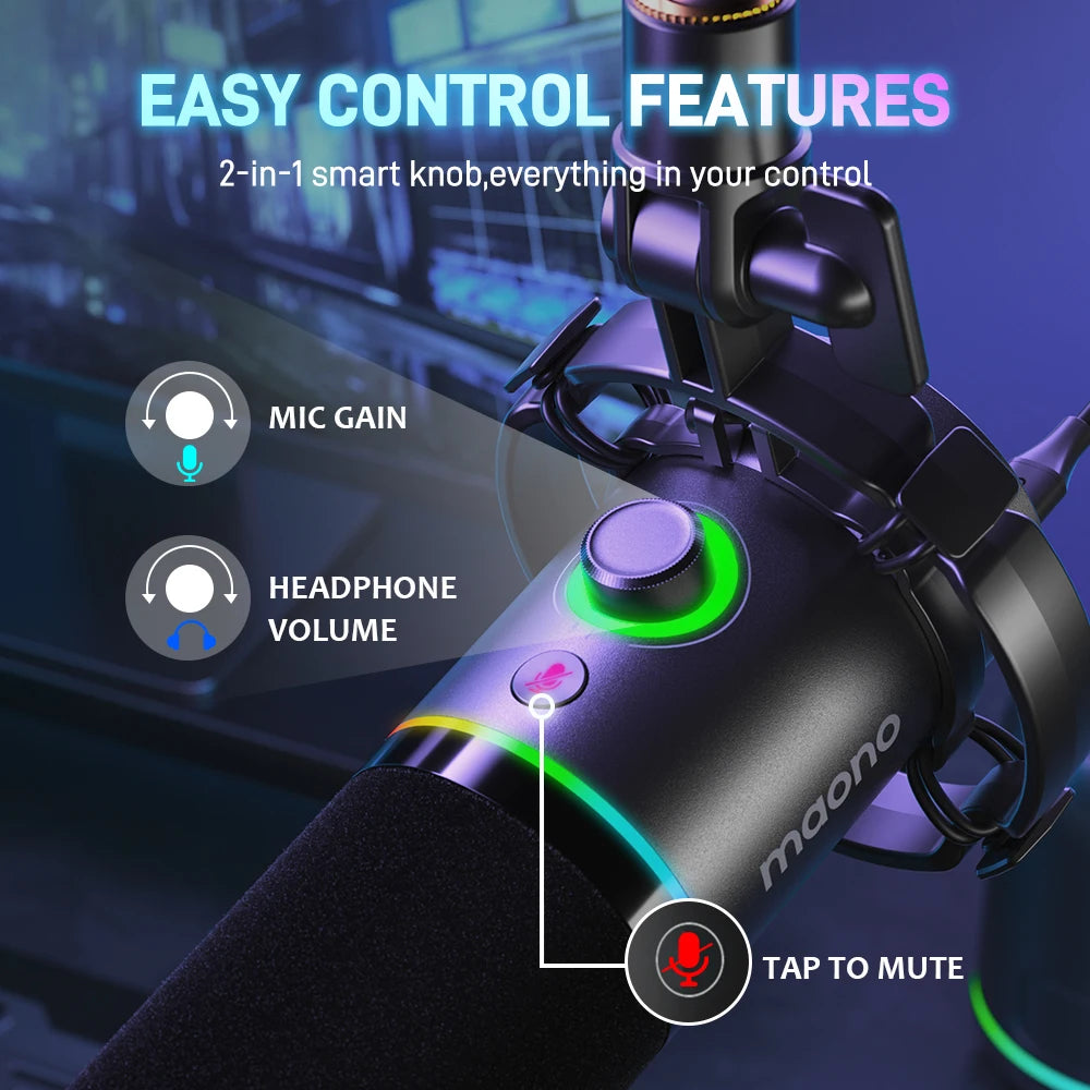 XLR USB Dynamic Gaming Microphone Metal Streaming Recording Mic with RGB Lighting Gain Knob