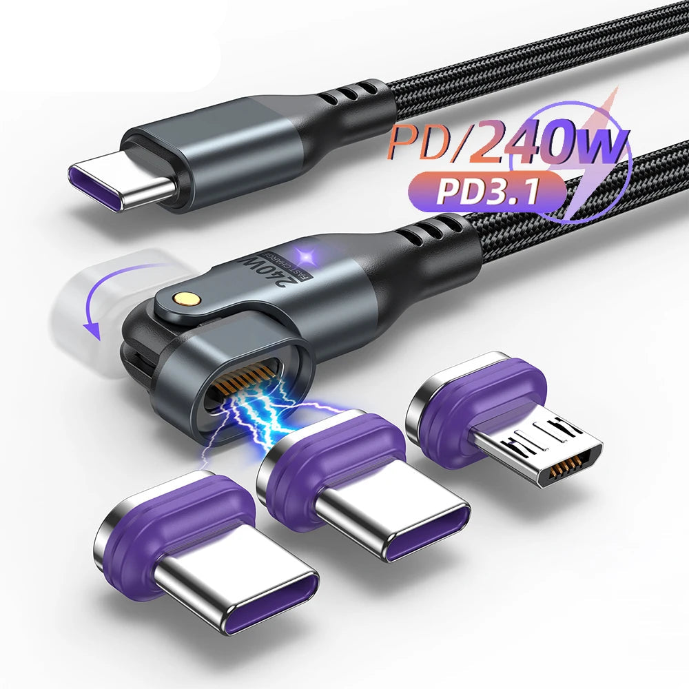 Magnetic 240W Fast Charging USB Cable with 180 Degree Rotation for iPhone and Type C Devices