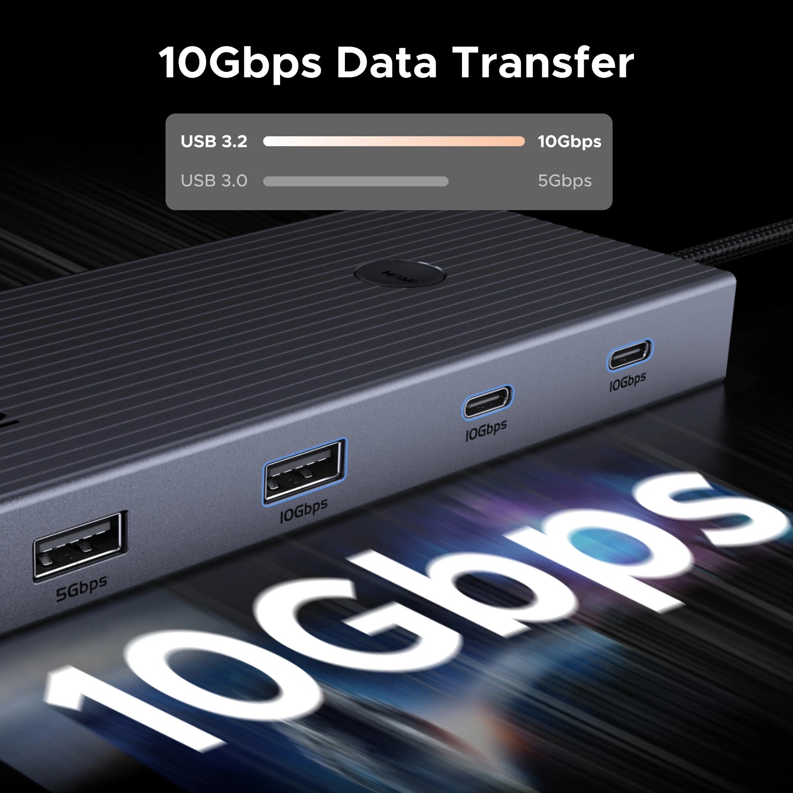 10Gbps USB-C Hub 9-in-1 Dock with 4K@60Hz HDMI, Gigabit Ethernet, SD/TF Reader and 100W PD