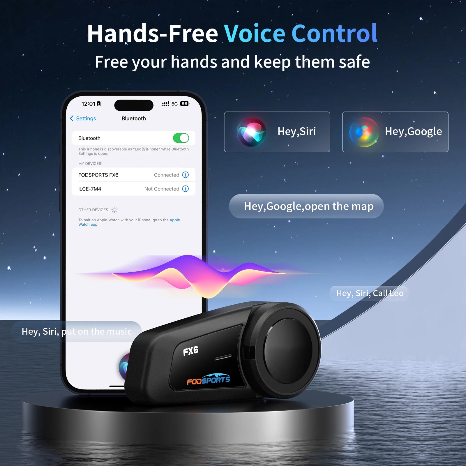 Bluetooth Motorcycle Helmet Intercom with FM Radio, 6-Rider Group Communication Waterproof Headset