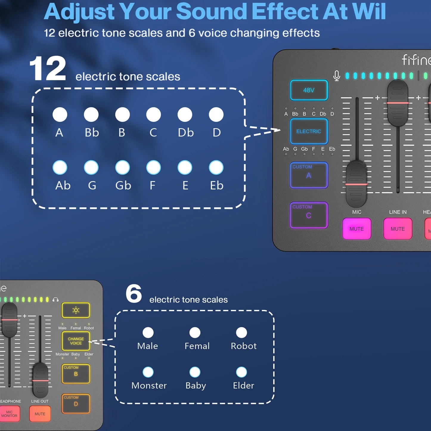 USB Gaming Audio Mixer with XLR Interface 48V Phantom Power RGB Sound Card for Streaming Podcasting