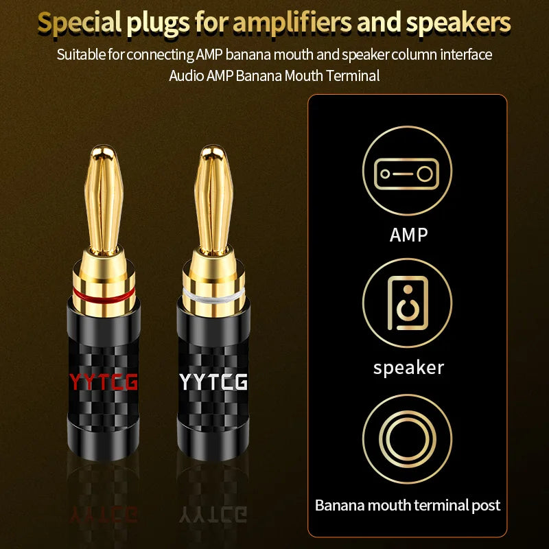 8 Piece Gold Plated Carbon Fibre Banana Speaker Cable Connectors with Screw Tightening