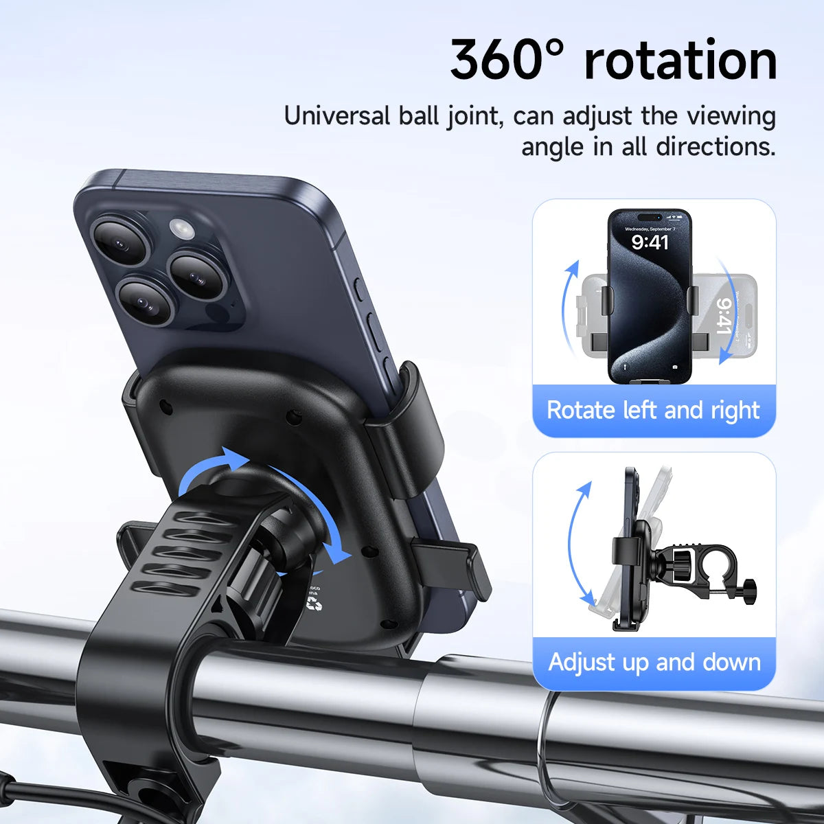 Universal 360° Rotating Motorcycle and Bicycle Phone Holder Clip Mount for Large Smartphones