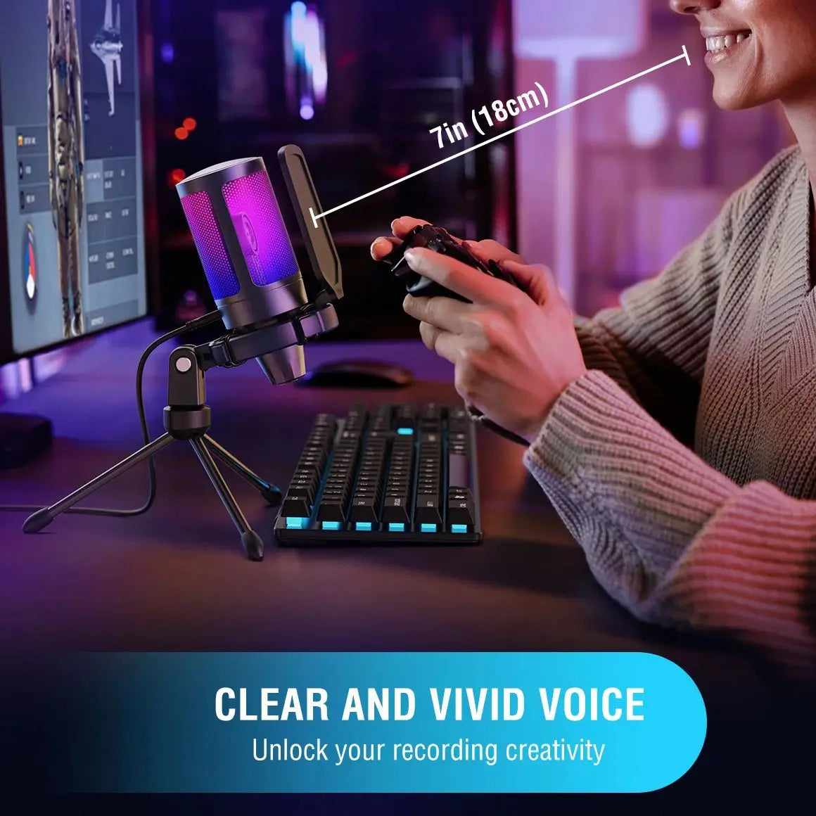 RGB USB Condenser Gaming Microphone with Pop Filter Shock Mount Gain Control Plug and Play for PC