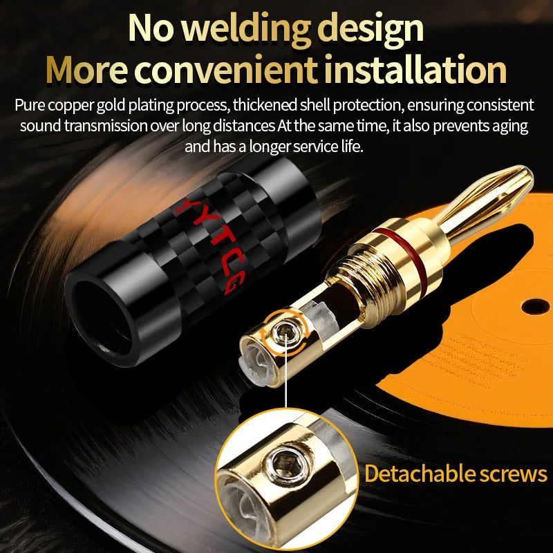 8 Piece Gold Plated Carbon Fibre Banana Speaker Cable Connectors with Screw Tightening