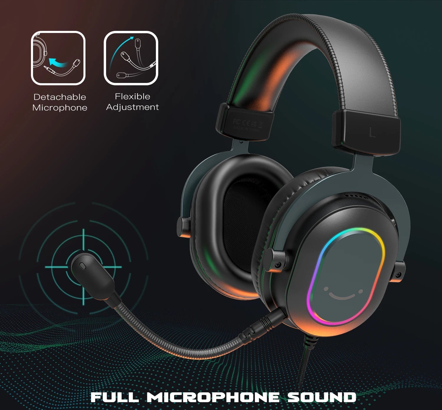 USB Gaming Headset with 7.1 Surround Sound RGB Mic 3 EQ Modes Line Control Plug and Play for PC PS5