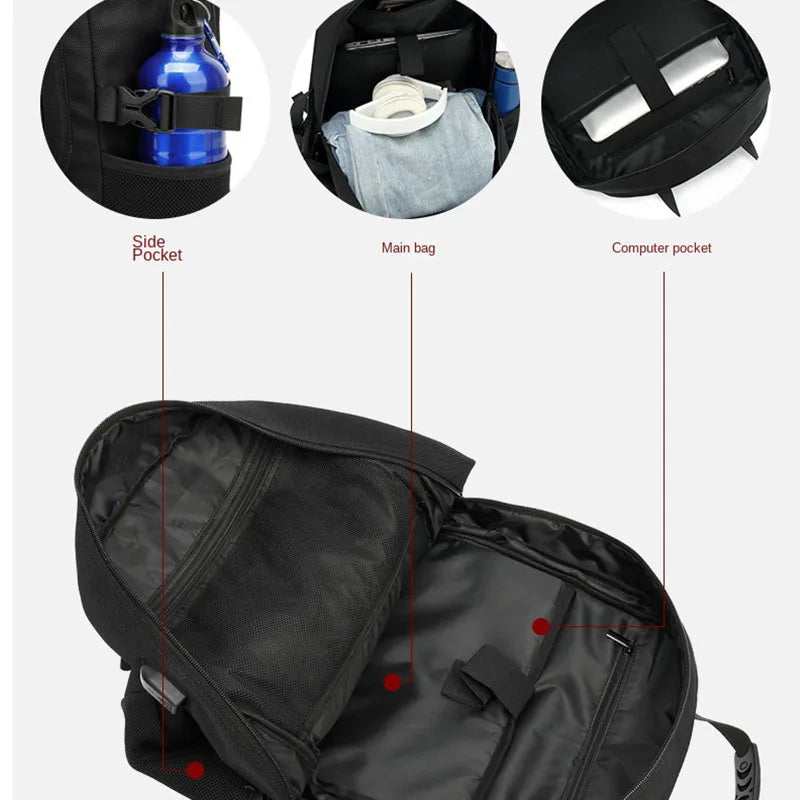 Large capacity outdoor backpack with USB charging and multiple compartments for travel hiking camping