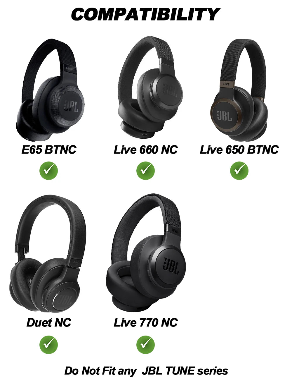 Replacement Memory Foam Ear Pads Compatible with JBL E65BTNC, Live 650BTNC, Live 660NC, Duet NC
