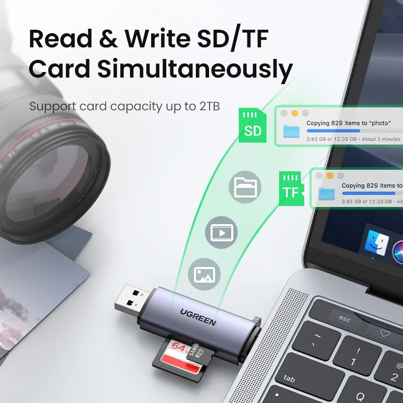 USB-C & USB 3.0 Card Reader SD MicroSD TF Adapter 2-in-1 High-Speed Memory Card Reader
