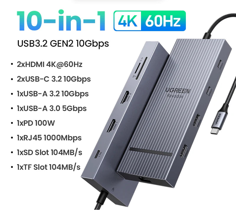 Dual HDMI USB-C Hub 10-in-1 Dock with 8K HDMI Gigabit Ethernet 100W PD USB Card Reader