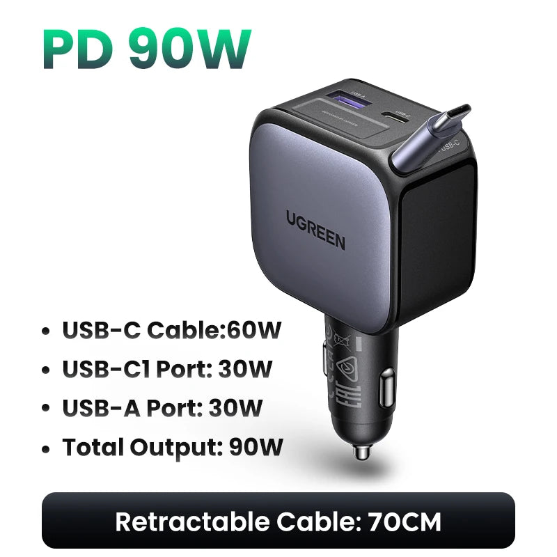 145/90/60W Car Charger with 3 USB-C and USB-A Ports PD QC4.0 Fast Charging Retractable Cable