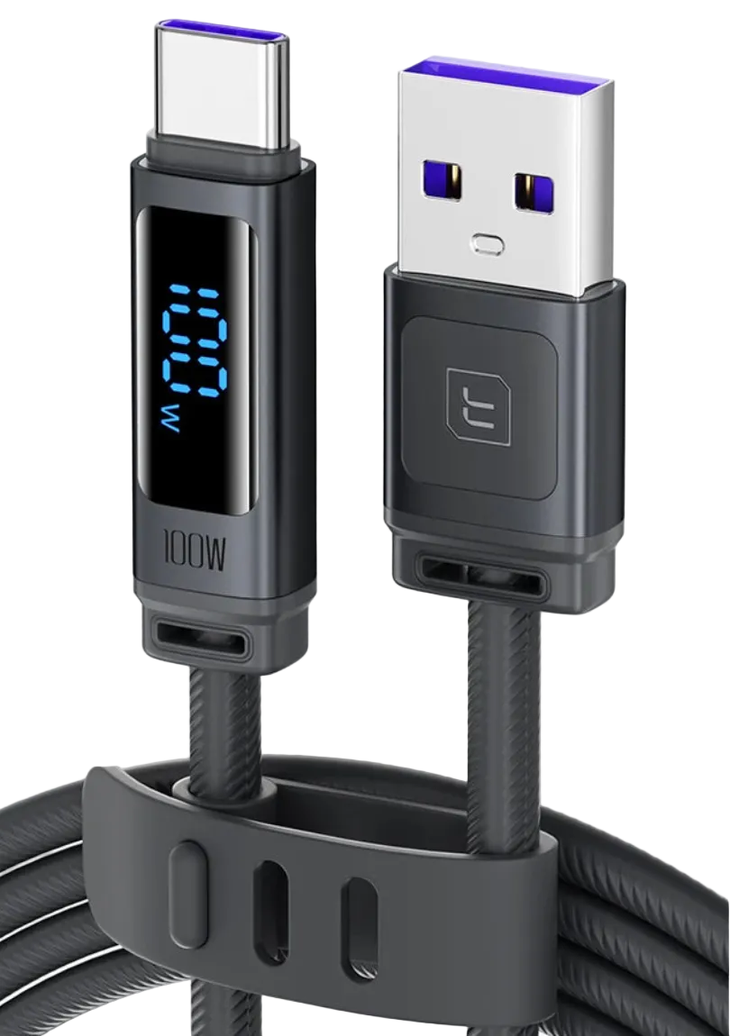 100W Fast Charging USB A to USB C Cable with Real Time Digital Display for Smartphones