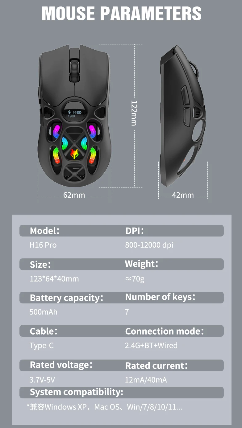 Wireless Bluetooth Gaming Mouse with Three Modes 12000DPI and RGB Lighting Effects for Laptop