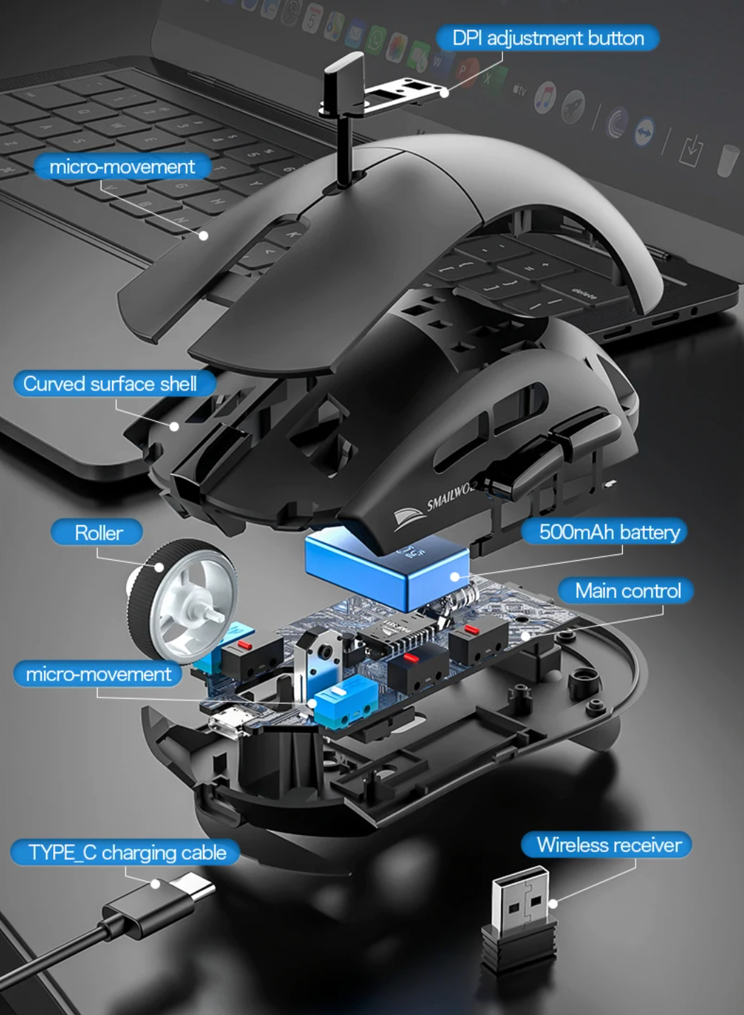 Wireless Bluetooth Gaming Mouse with Three Modes and Adjustable 2000 DPI Sensitivity