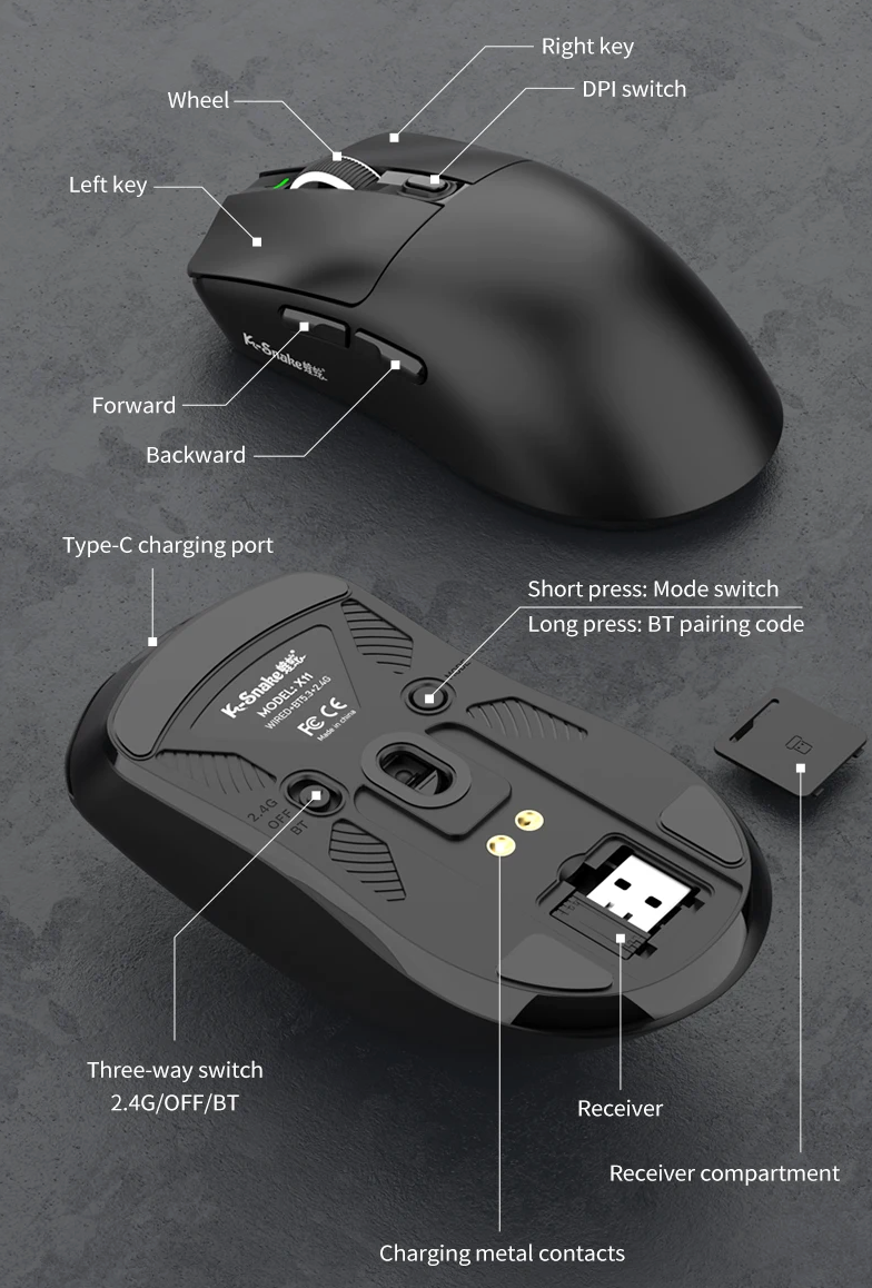 Three Mode Wireless Gaming Mouse with Bluetooth Connectivity and 12000 DPI Optical Sensor