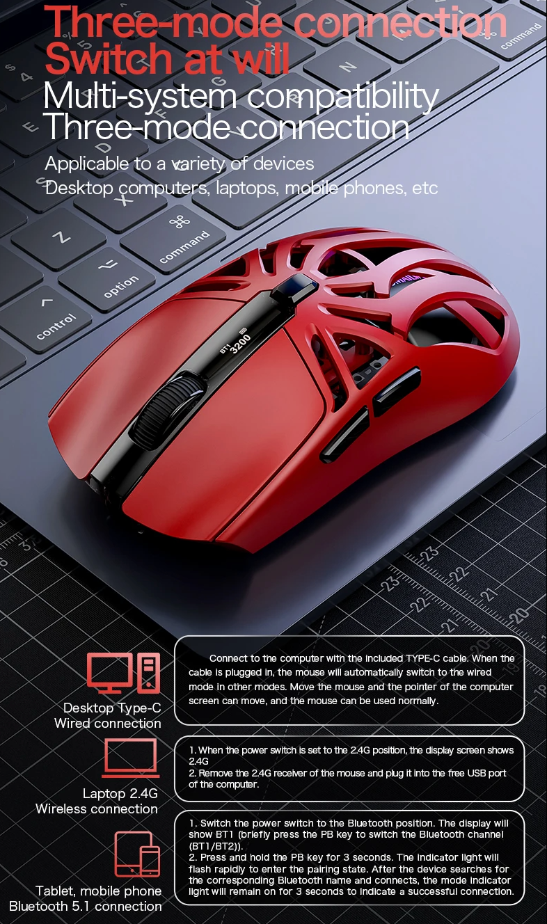 Wireless Gaming Mouse with Three Mode Connectivity and 12000 DPI Precision Sensor