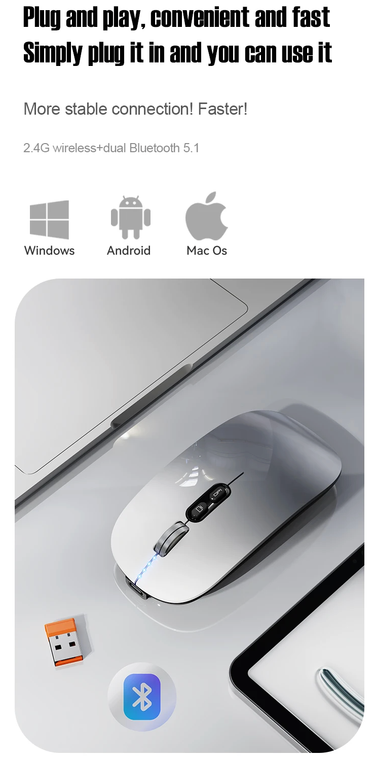 Bluetooth Dual Mode Wireless Mouse with Silent Click and Rechargeable Battery for Laptop