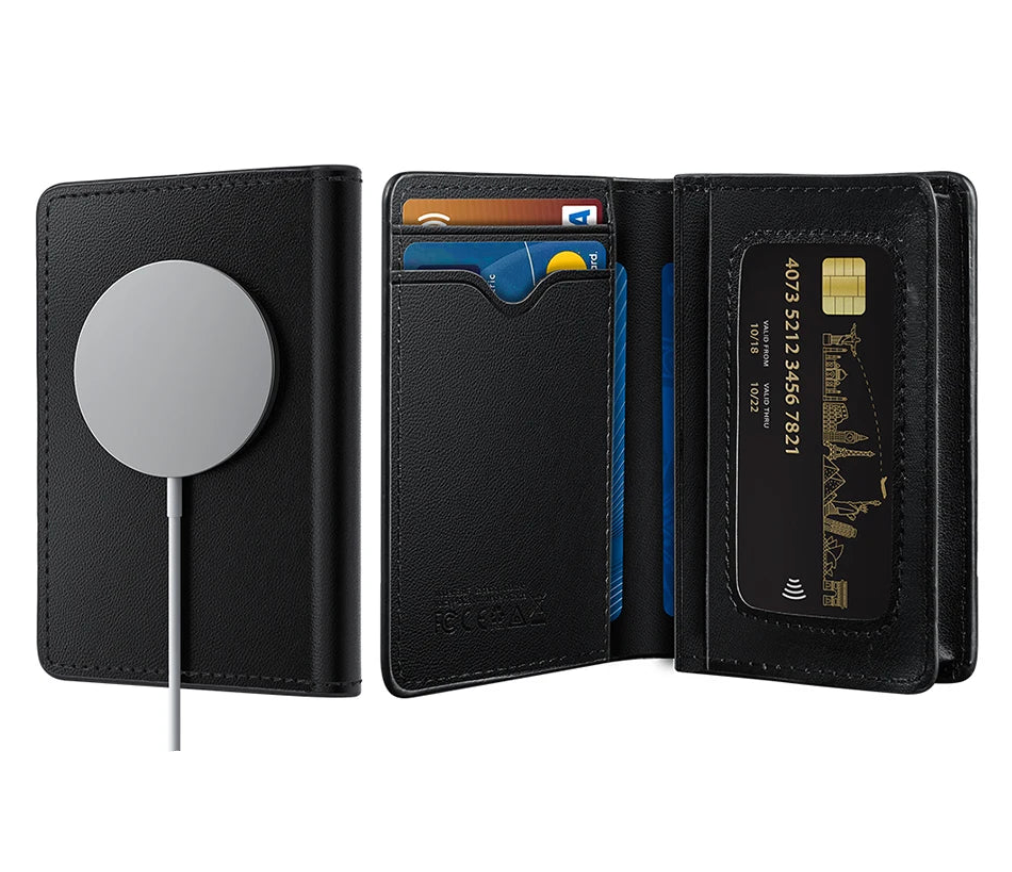 Large Capacity Smart Wallet Card Holder with Apple Find My Network GPS and Wireless Charging