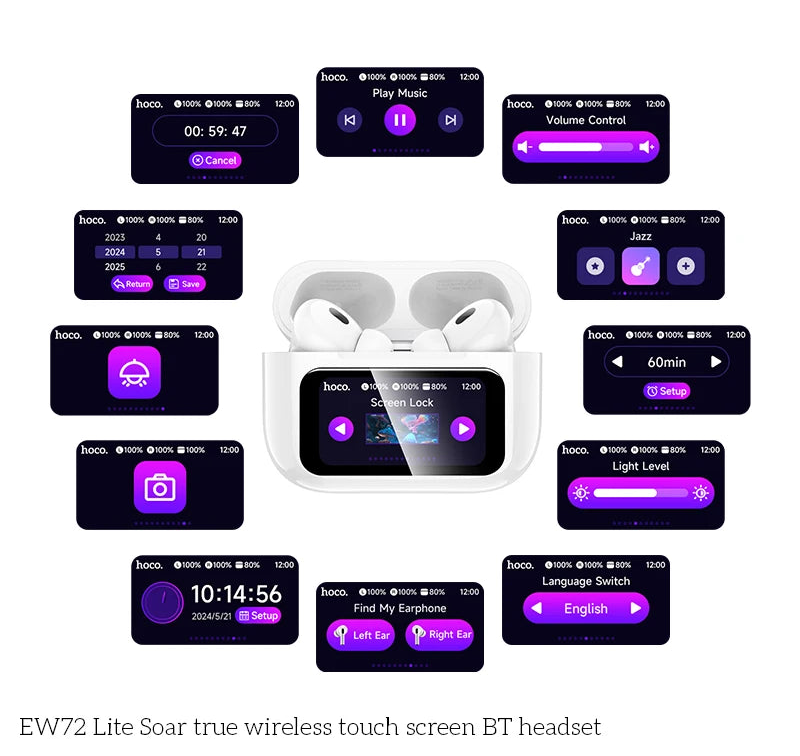 Wireless Touch Screen Bluetooth Earbuds with LED Display In-Ear Sports Gaming Headphones Case White