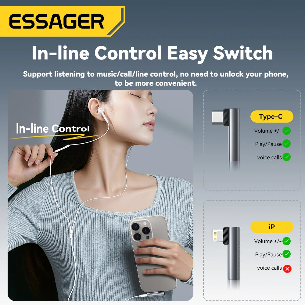 Essager L-Shape Type-C to 3.5mm Audio Adapter, Headphone Jack Converter for iPhone and Samsung