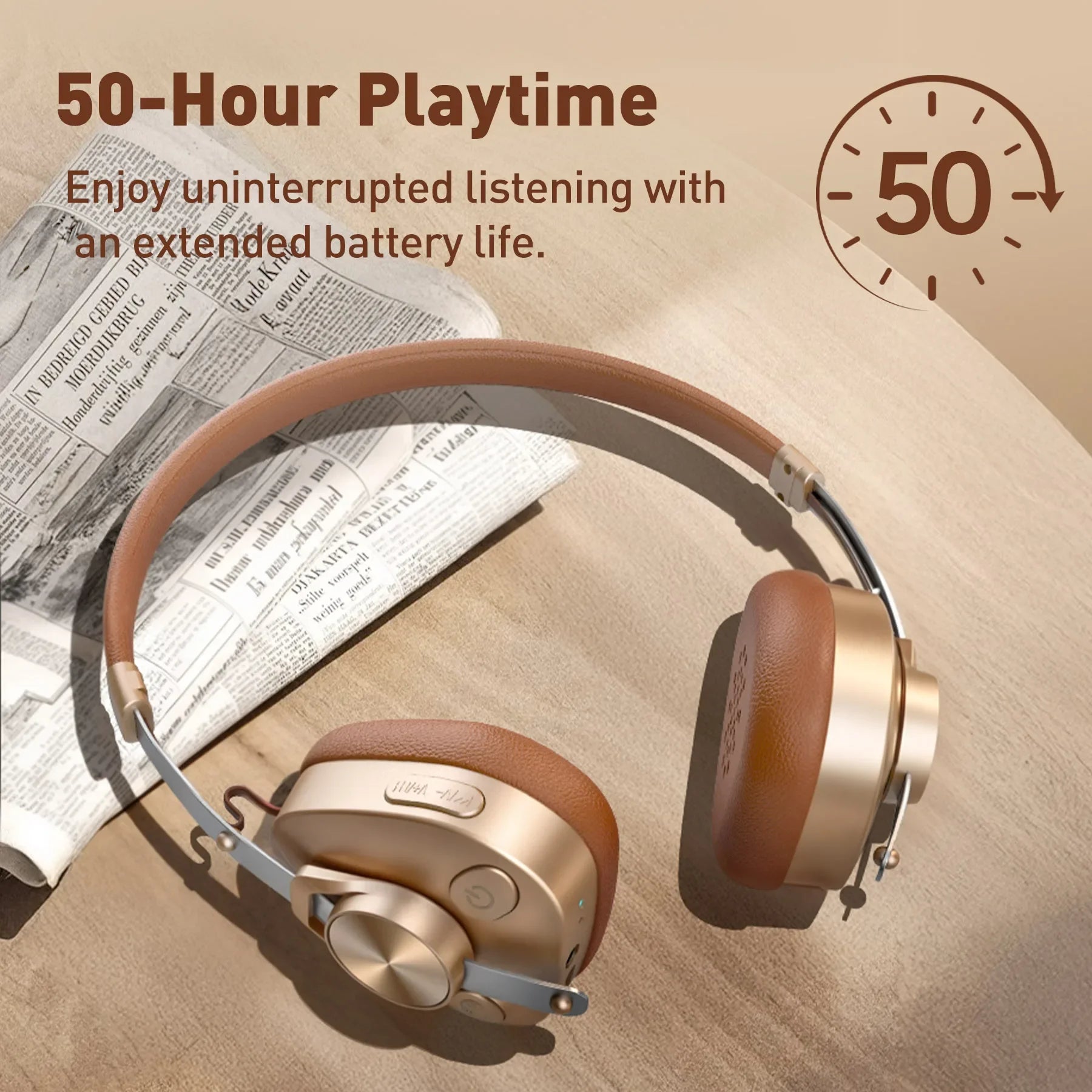 Retro Style Wireless Bluetooth 5.4 On-Ear Headphones with Microphone Hi-Res Audio Light Metal Design