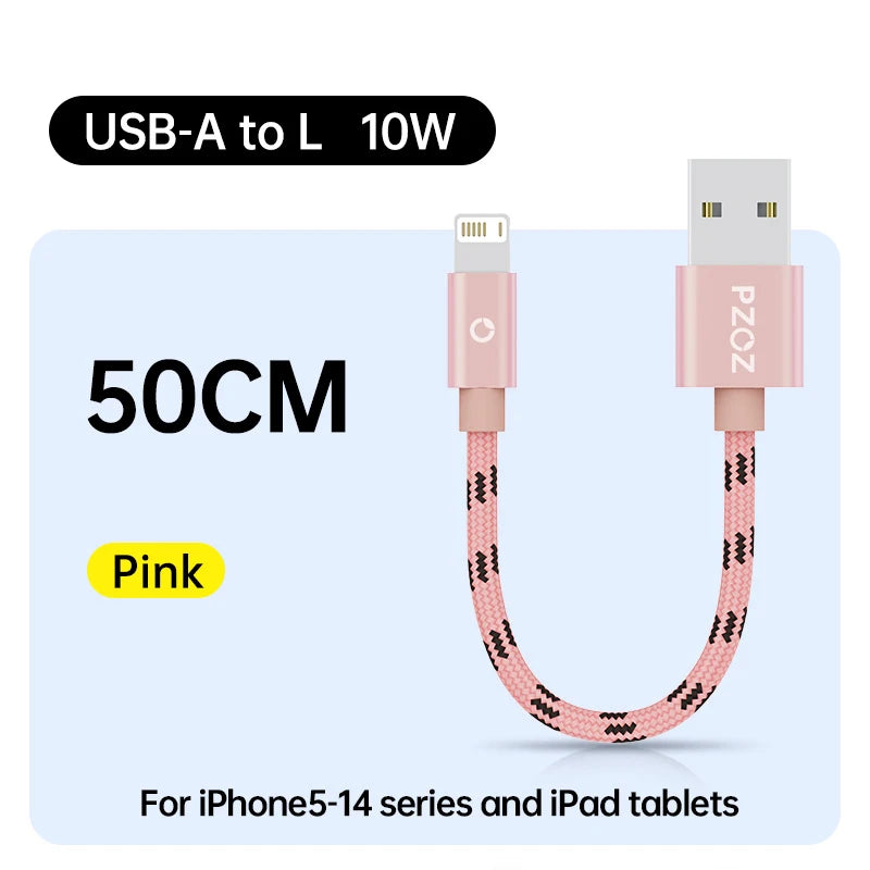Short USB Charging Cable 25cm 50cm 1m Fast Charge Nylon Data Cord Compatible with iPhone Devices