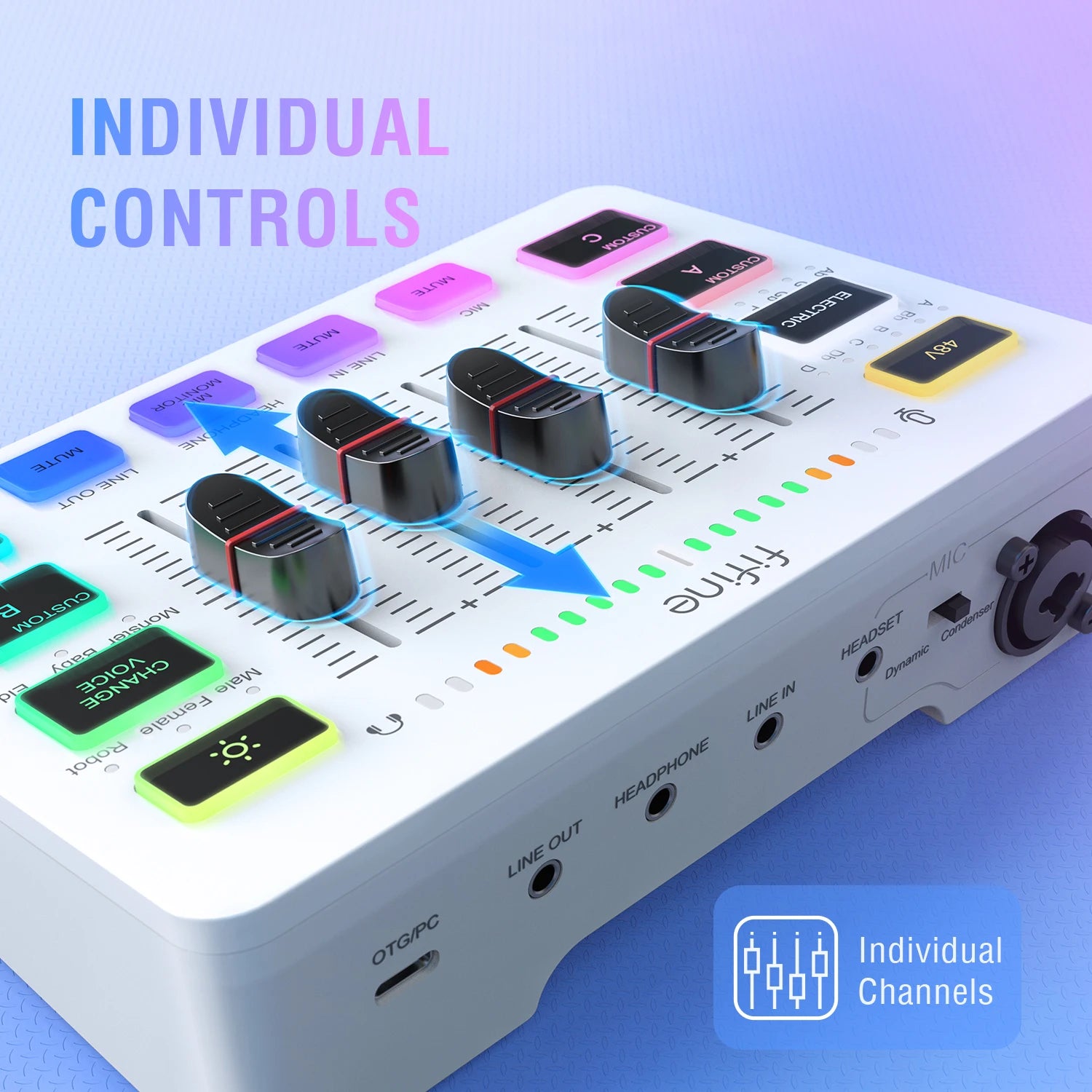 USB Gaming Audio Mixer with 4 Channels XLR Interface 48V Phantom Power RGB for Streaming Podcasting