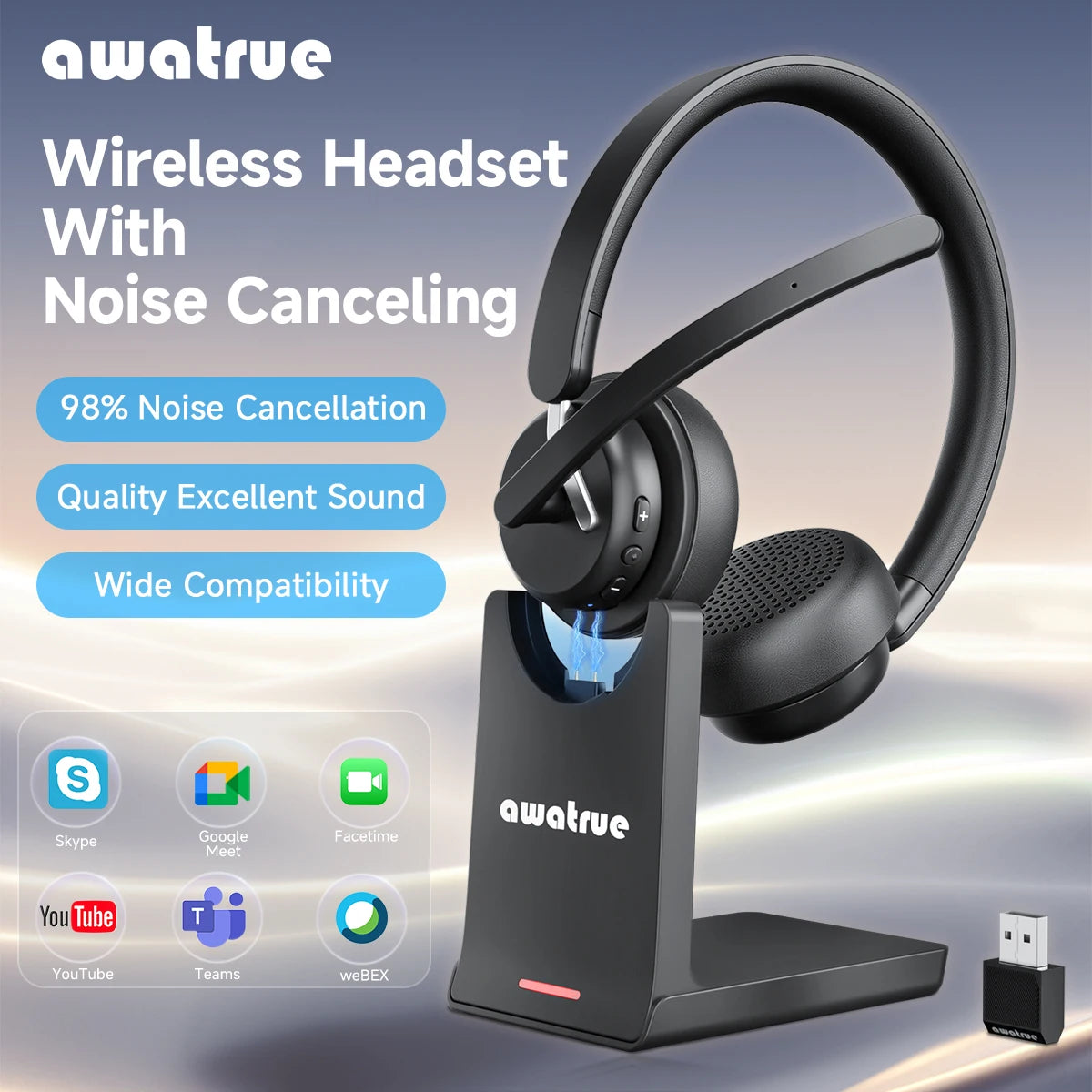 Wireless Bluetooth Headset with AI Noise Cancelling Microphone and Charging Base