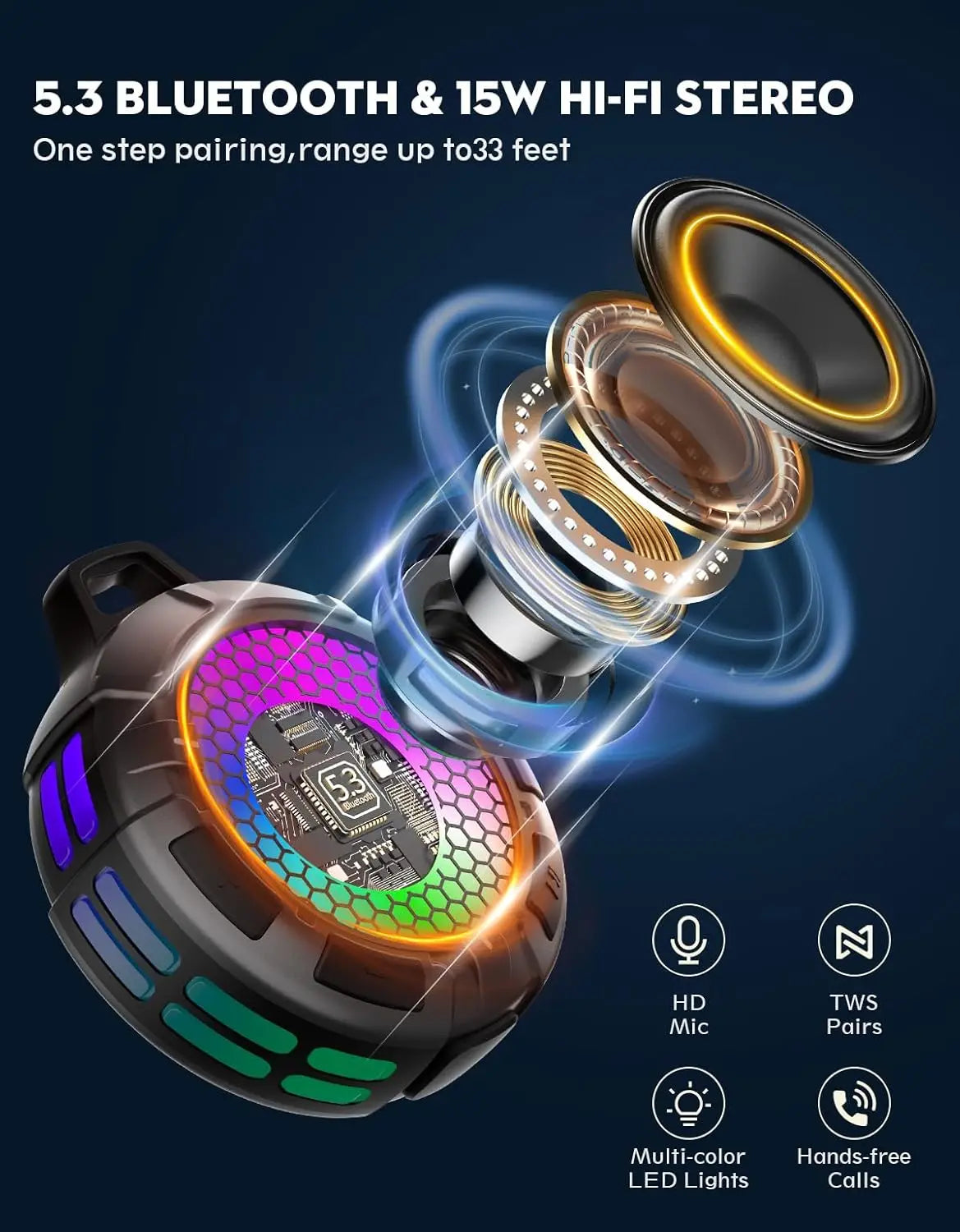 Portable Bluetooth Shower Speaker with IPX7 Waterproof Design and LED Light Display