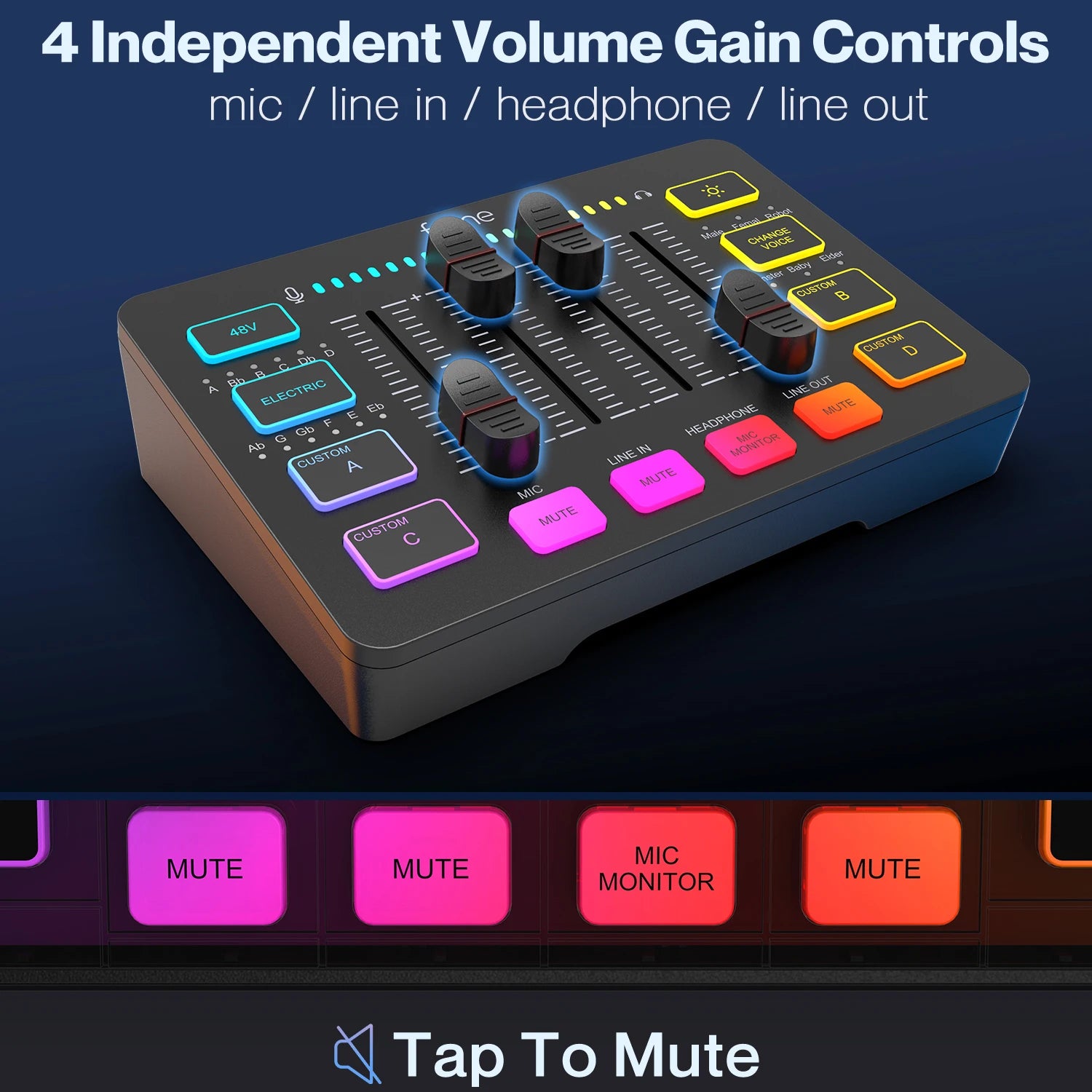 USB Gaming Audio Mixer with XLR Interface 48V Phantom Power RGB Sound Card for Streaming Podcasting