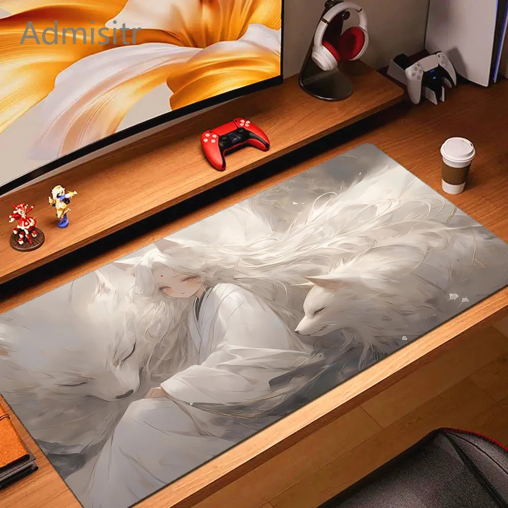 Kawaii Anime Pink Fox Mouse Pad Extra Large Natural Rubber Non-Slip Desk Mat for Gaming and Office